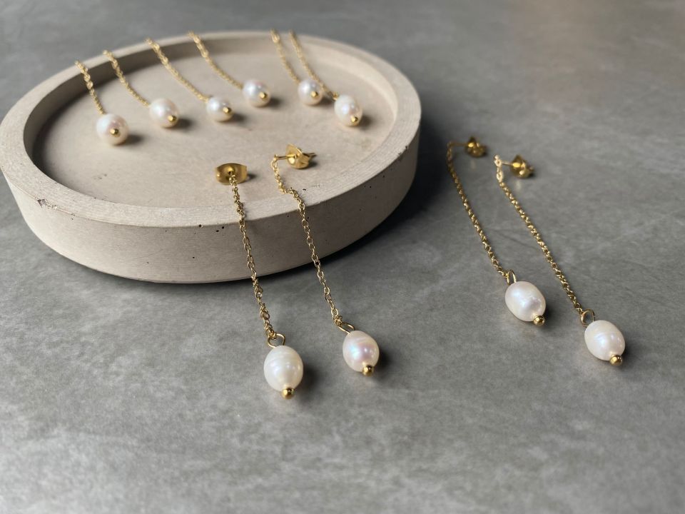 ロングチェーン1粒淡水パールピアス 3色 【予約商品】