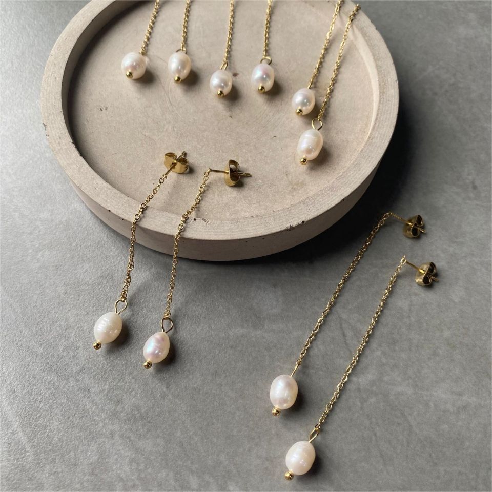 ロングチェーン1粒淡水パールピアス 3色 【予約商品】