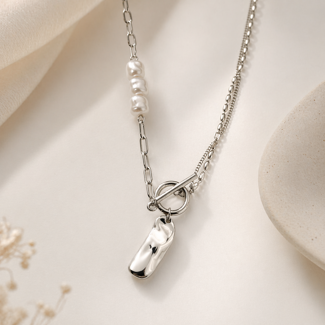 Rough Pearl Chain Necklace Silver [Fast Shipping]