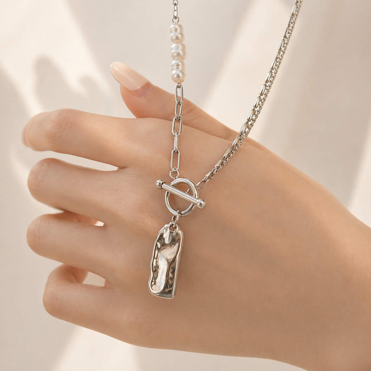 Rough Pearl Chain Necklace Silver [Fast Shipping]