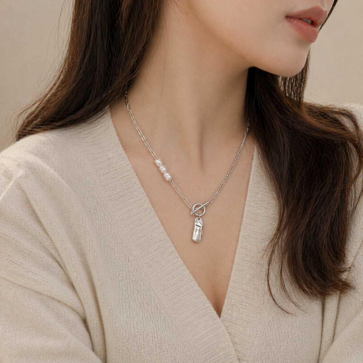 Rough Pearl Chain Necklace Silver [Fast Shipping]