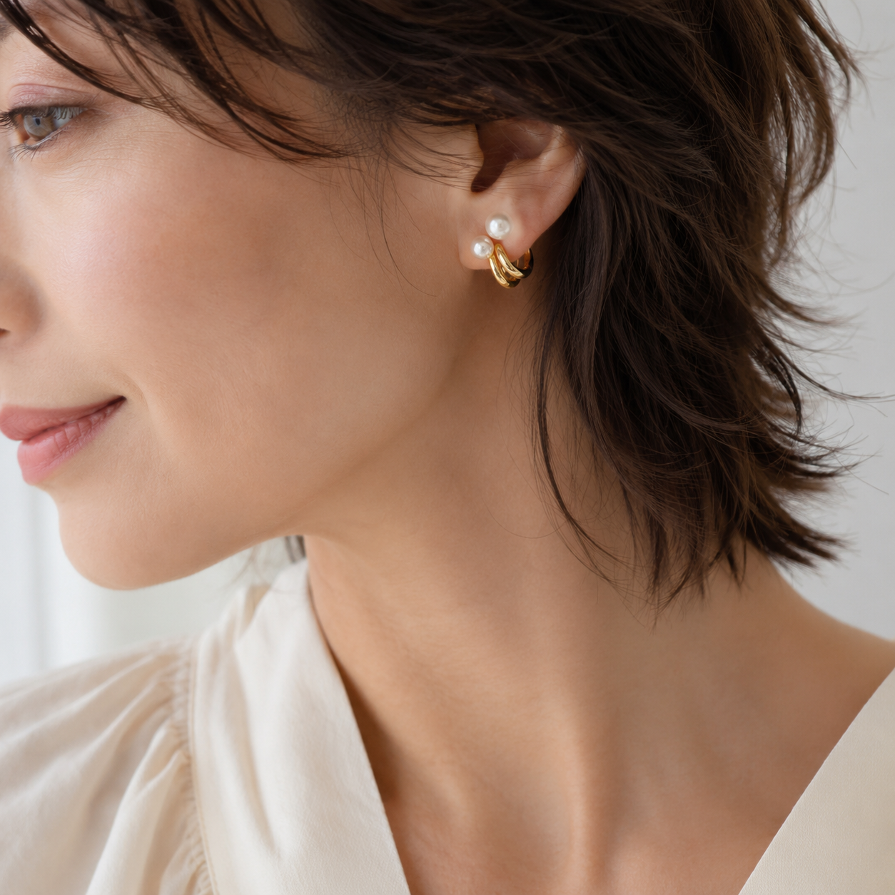 Twin pearl hoop earrings, gold [Fast delivery]