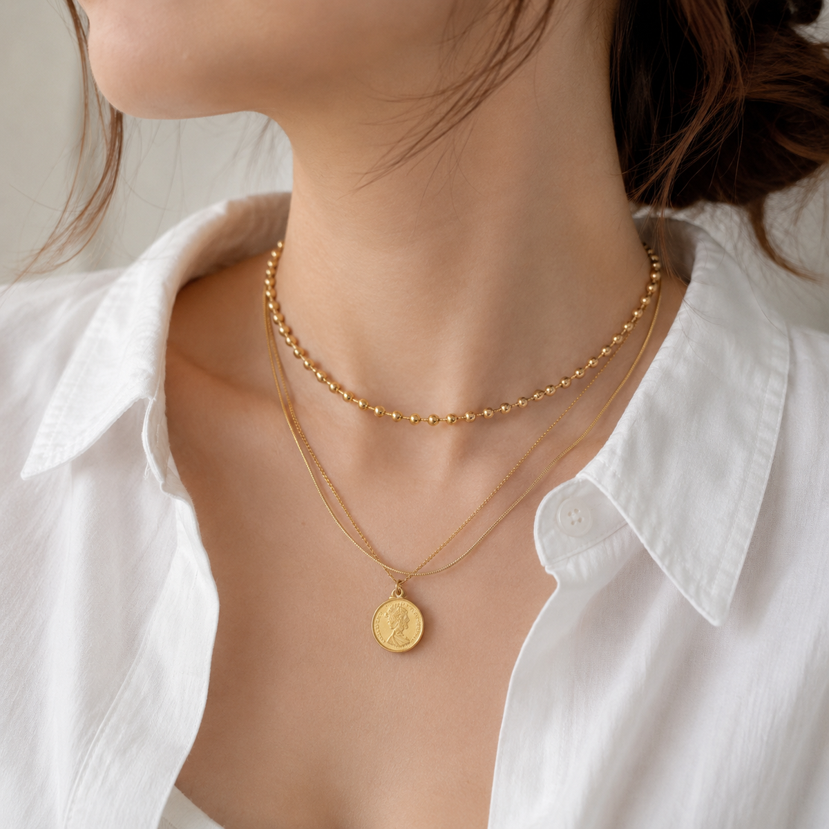 Coin Pendant Chain Necklace 3P Set Gold [Fast Shipping]