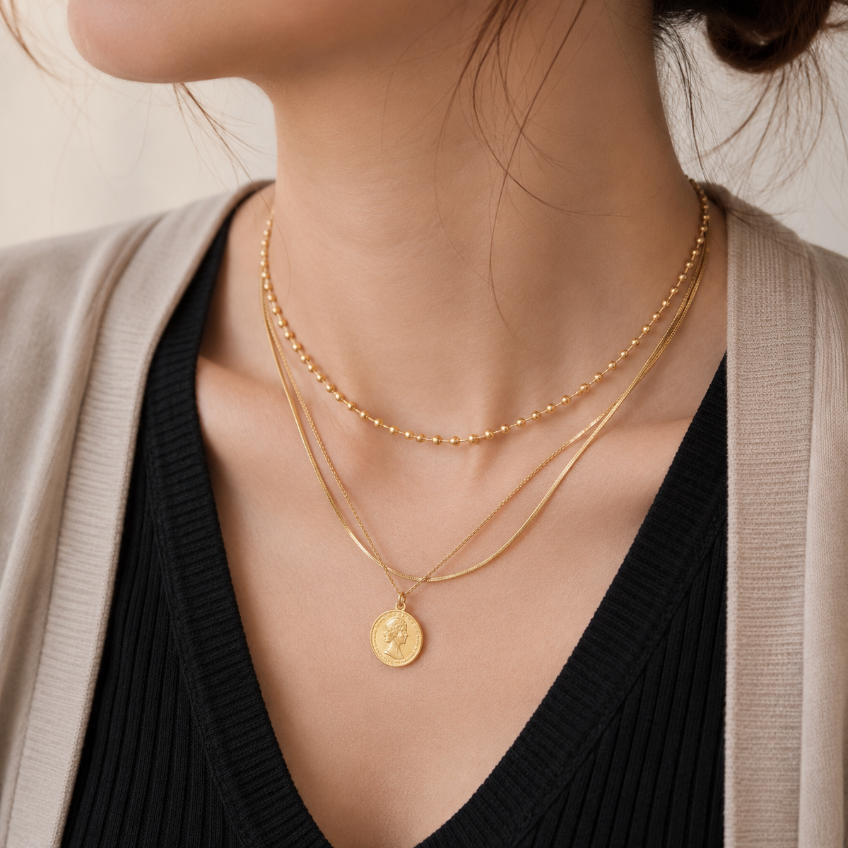 Coin Pendant Chain Necklace 3P Set Gold [Fast Shipping]