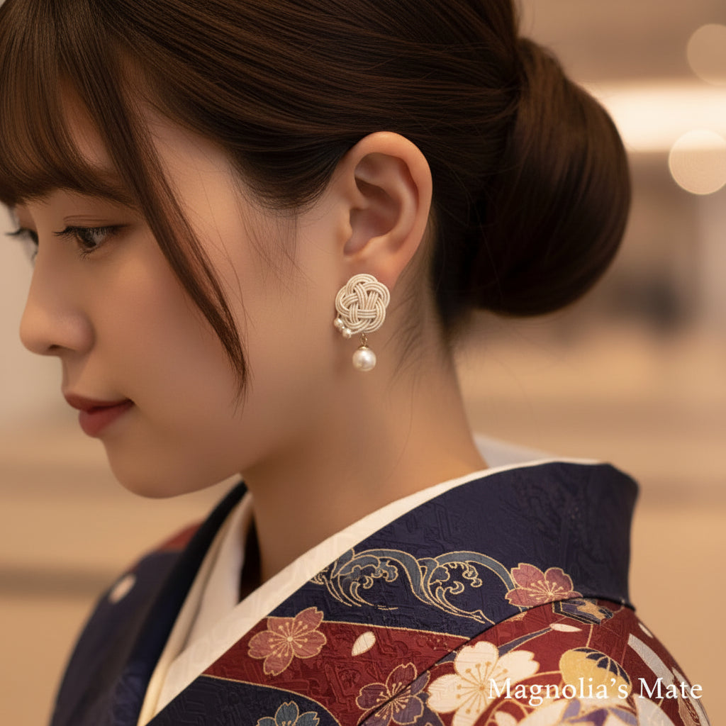 花結びコットンパール イヤリング／ピアス【予約商品】