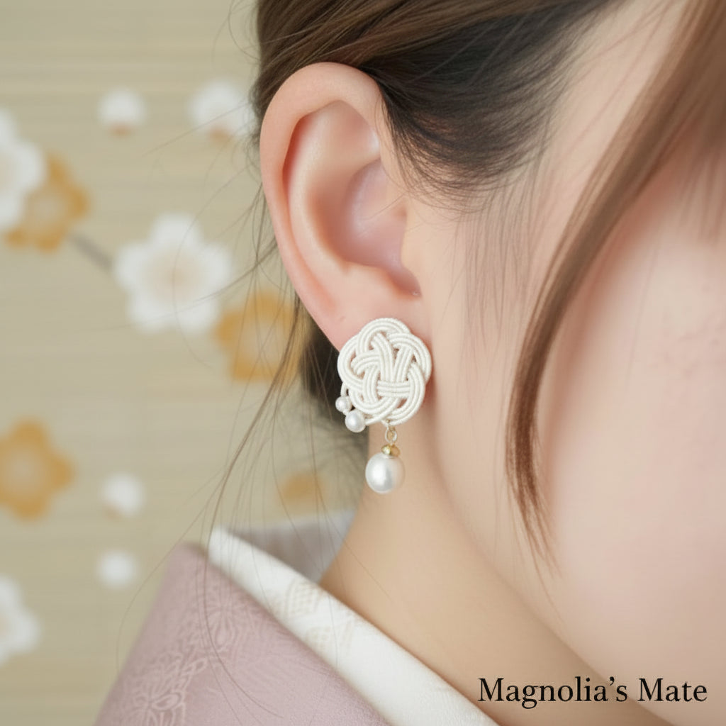 花結びコットンパール イヤリング／ピアス【予約商品】