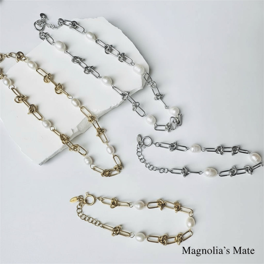 Knotted chain pearl necklace/bracelet gold/silver [Fast delivery]