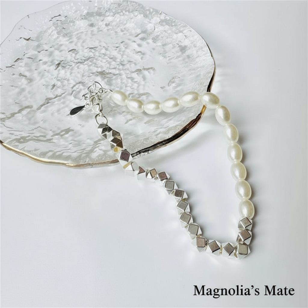 キュービック＆パールブレスレット　シルバー　【スピード配送】