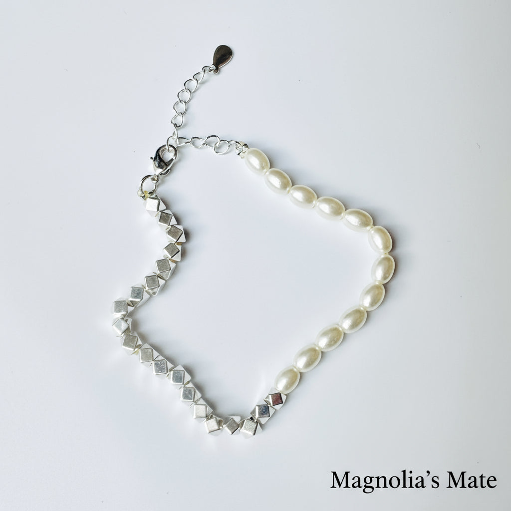 キュービック＆パールブレスレット　シルバー　【スピード配送】