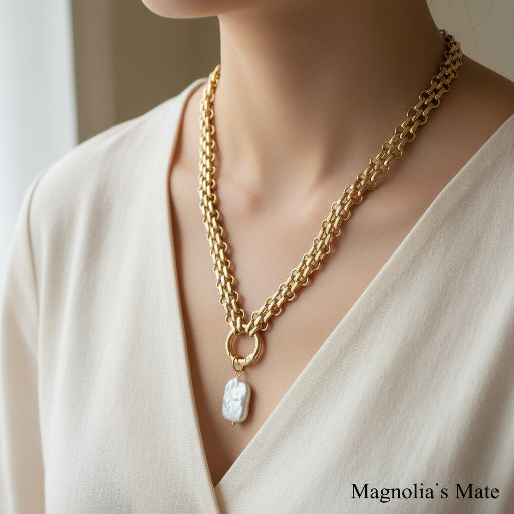 Baroque pearl heavy chain necklace gold/silver [Fast delivery]