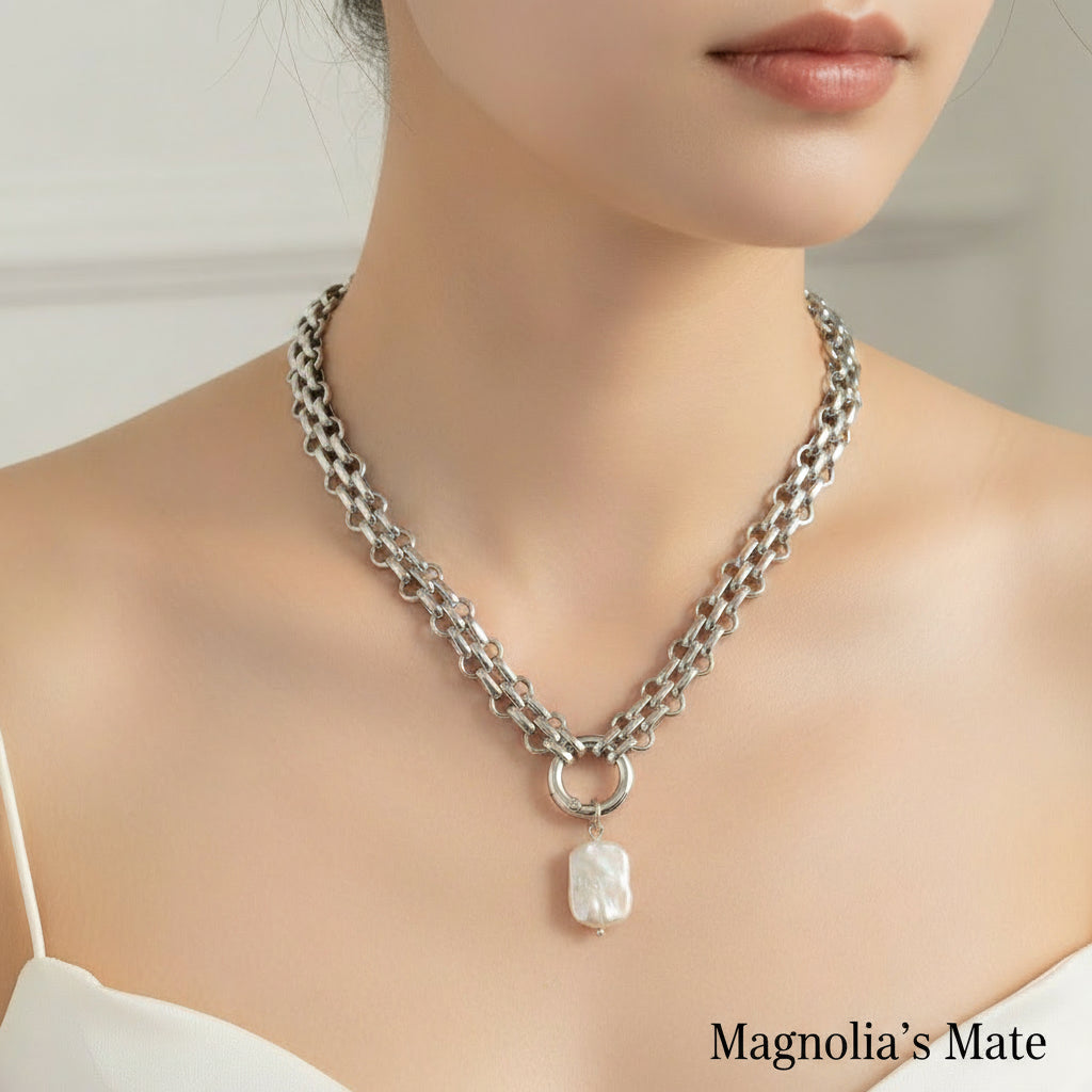 Baroque pearl heavy chain necklace gold/silver [Fast delivery]