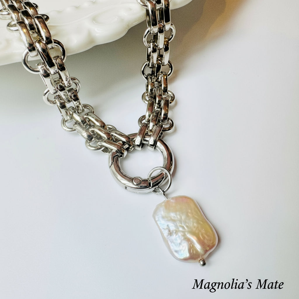 Baroque pearl heavy chain necklace gold/silver [Fast delivery]