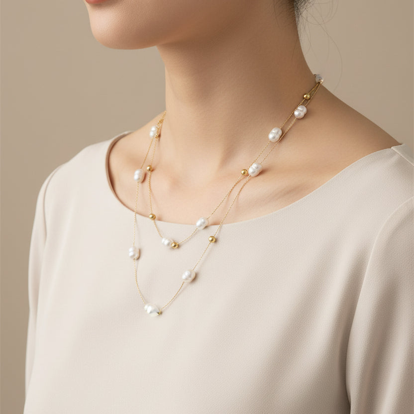 Freshwater pearl bead layered necklace [Fast delivery]