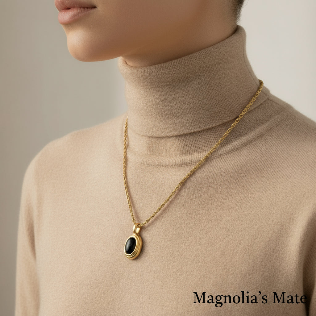 Oval Stone Twisted Chain Necklace Black/White [Fast Shipping]