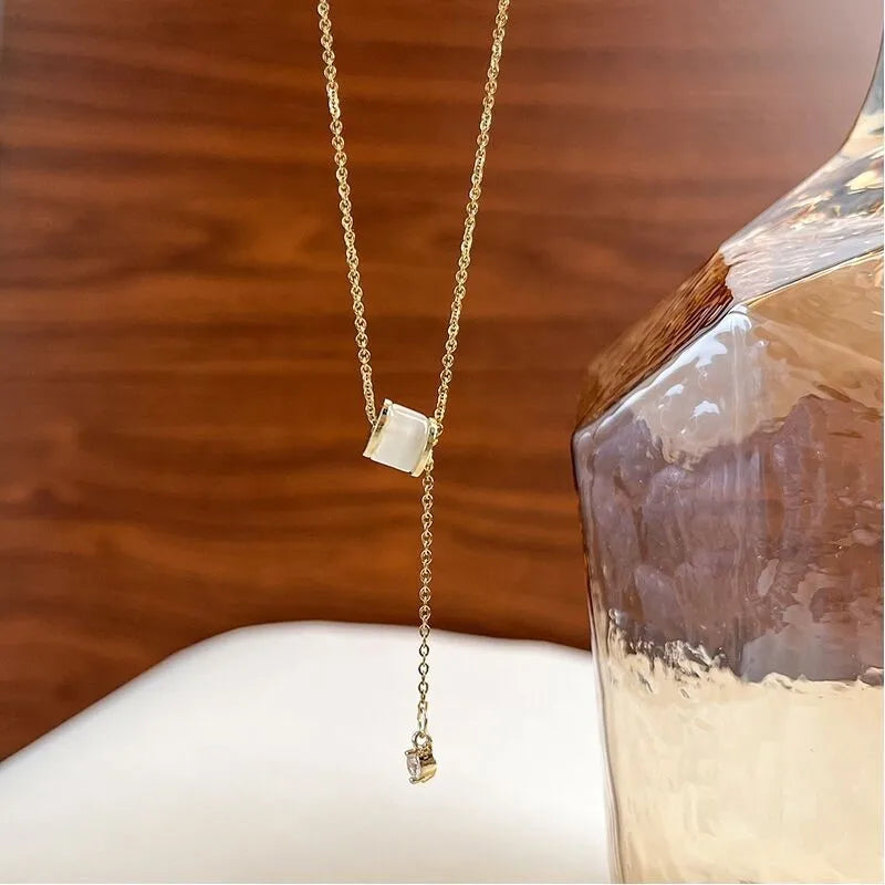 Dangling Opal &amp; Crystal Necklace Gold/Silver [Fast Shipping]