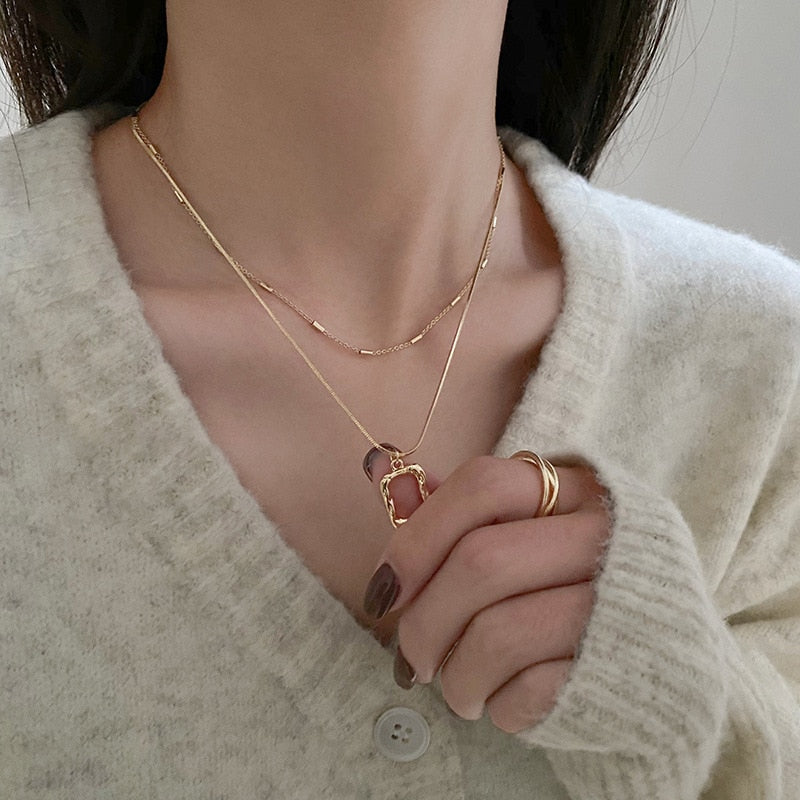 Square Layer Necklace 2P Set Gold/Silver [Fast Shipping]