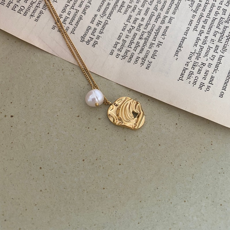 Plate &amp; Freshwater Pearl Long Necklace [Pre-order Item]