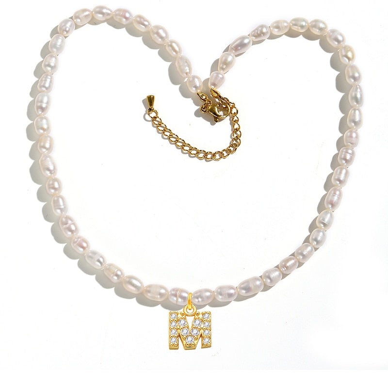 Initial Charm Freshwater Pearl Necklace Gold [Pre-order Item]