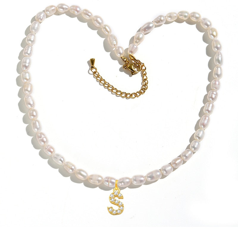 Initial Charm Freshwater Pearl Necklace Gold [Pre-order Item]