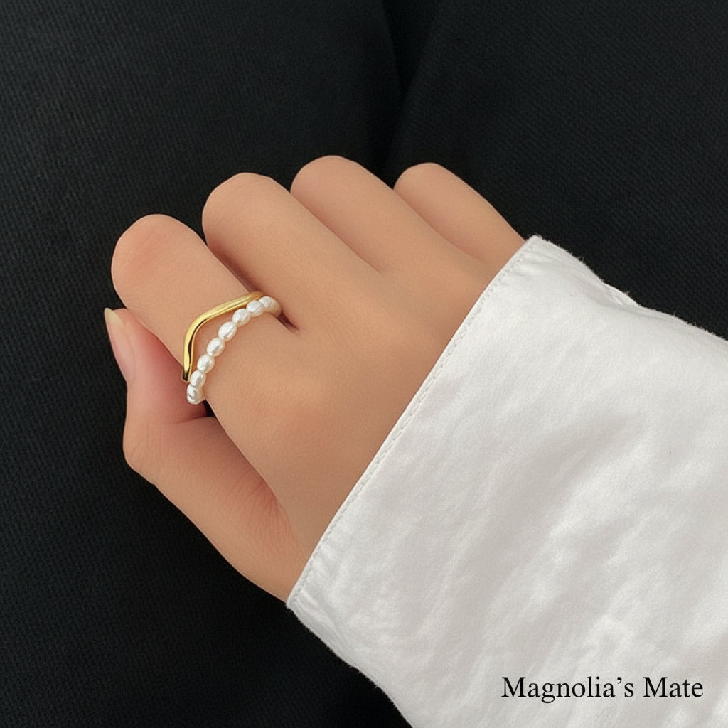 Pearl &amp; Curved Line Ring Gold [Fast Shipping]