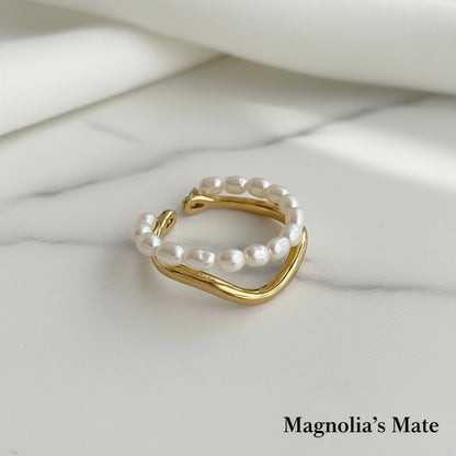 Pearl &amp; Curved Line Ring Gold [Fast Shipping]