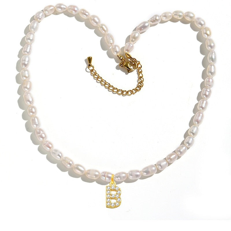 Initial Charm Freshwater Pearl Necklace Gold [Pre-order Item]