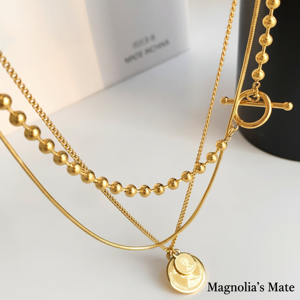 Coin Pendant Chain Necklace 3P Set Gold [Fast Shipping]