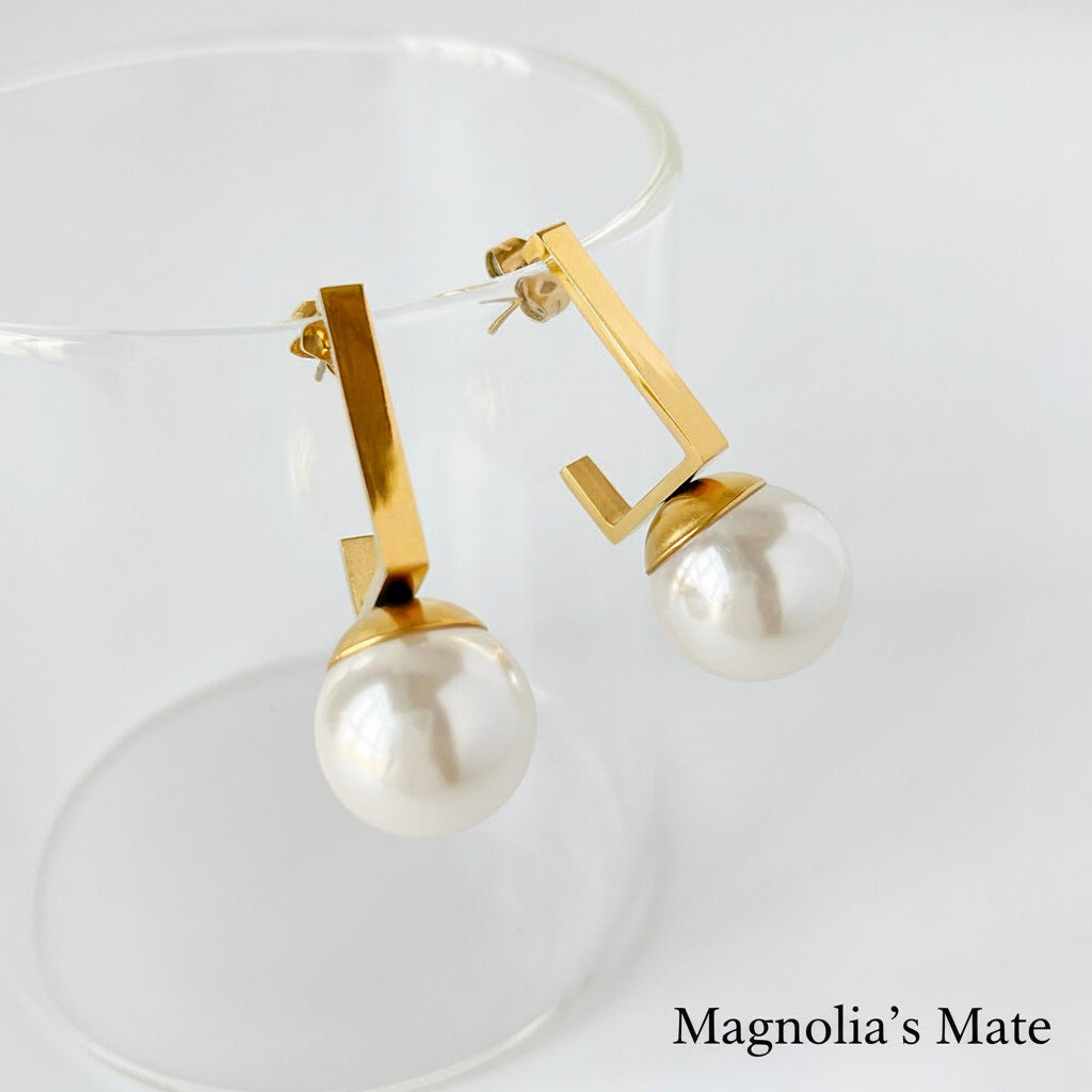 Square Pearl Drop Earrings Gold [Fast Shipping]
