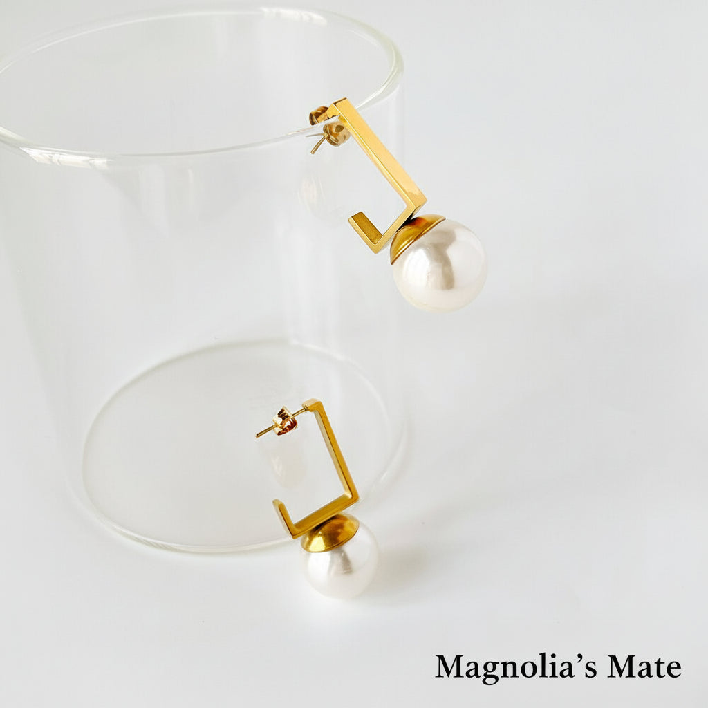Square Pearl Drop Earrings Gold [Fast Shipping]