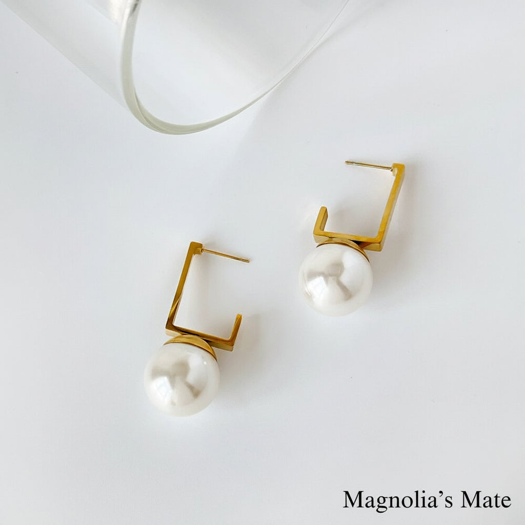 Square Pearl Drop Earrings Gold [Fast Shipping]