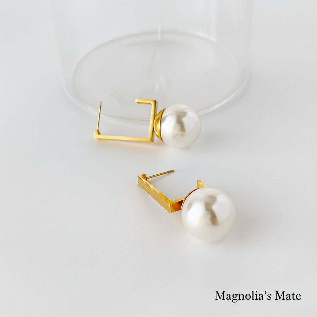 Square Pearl Drop Earrings Gold [Fast Shipping]